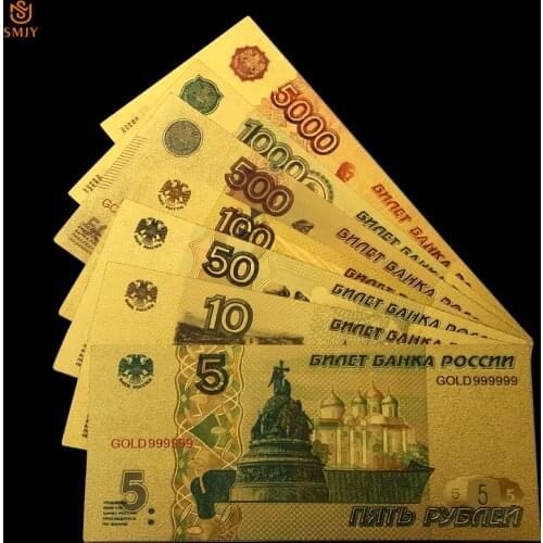 7Pcs/Lot Hot Sale Colorful Russia Gold Banknote Set 5/10/50/100/500/1000/5000 Ruble Replica Paper Money Collection For Gifts