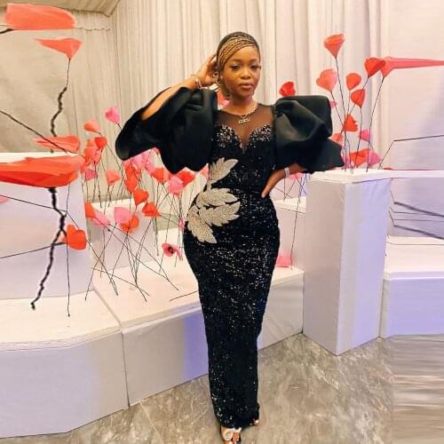 Black Sequinied Prom Dress 2021 Sheer Neck Illusion Short Sleeves Beads Appliques Mermaid Evening Gowns Black Girls Party Dress