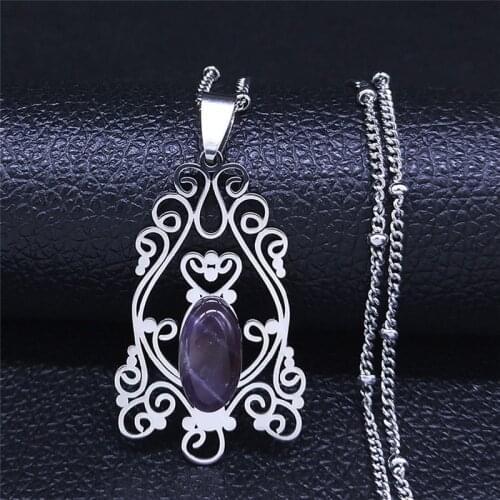Flower of Life Stainless Steel Purple Crystal Charm Necklaces for Women Silver Color Boho Necklaces Jewelry collier N4321S03