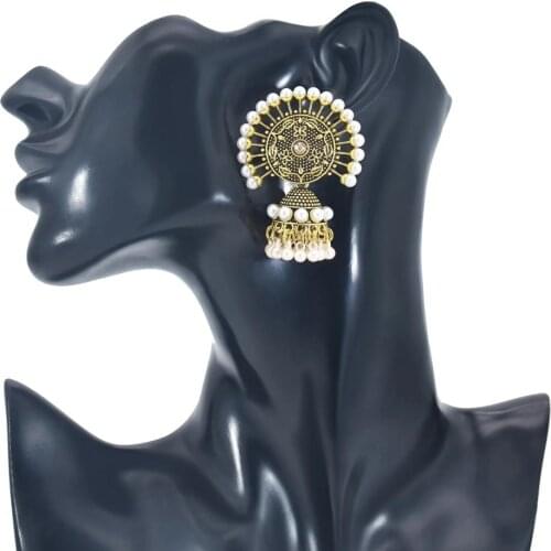 Gypsy Tribe Pearl Bell Pendant Vintage Earrings For Women Studs Flower Hat Shape Indian Earrings Carved With Womens Jewelry