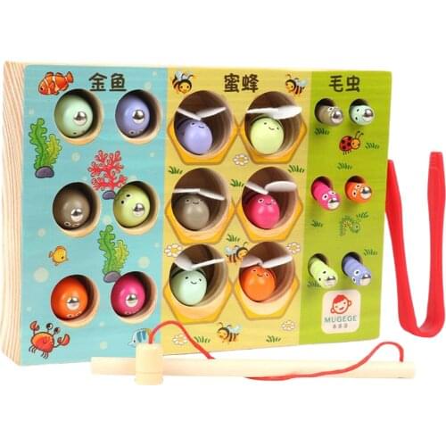 Wooden Toys Puzzle Early Childhood Educational Toys Fishing Catch Worm Bees Game Magnetic Fish Toy