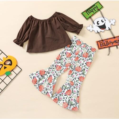 Girls Kids T-shirt and Trousers Halloween Set Fresh Solid Color Long Sleeve Tops and Pumpkin Print Trumpet Pants Outfit