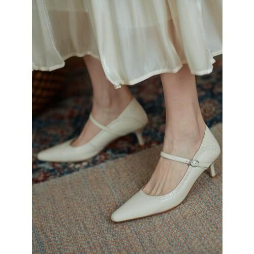 EshtonShero Elegant Shoes For Women Genuine Leather Thin High Heels Pumps Mary Janes Summer Shallow Working Wedding Shoes Woman