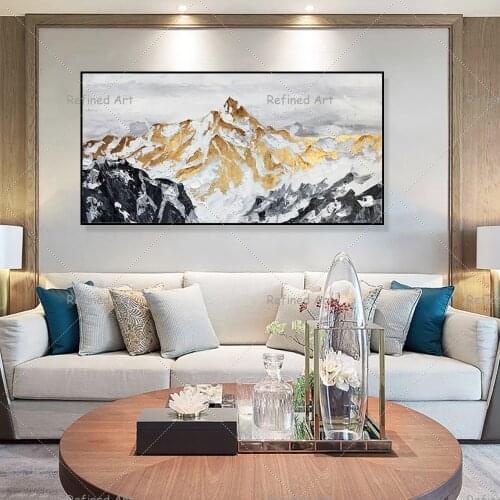 Artist Pure Hand-Painted Golden Mountain Acrylic Living Room Home Wall Decoration Canvas Abstract Snow Mountain Landscape