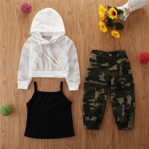 Infant Kids Baby Girls 3Pcs Clothes Set Hollowout Hoodie + Suspender Tops + with Camouflage Printed Long Pants 2 3 4 5 6 T