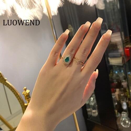 LUOWEND 18K White Gold (AU750) Engagement Diamond Rings Natural Emerald Ring for Women Wedding Eternity Ring Water Drop Shape