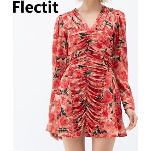 Flectit Ruched Floral Mini Dress With Puff Sleeve V-neck 2021 Spring Summer Women Feminin Sexy Party Dress