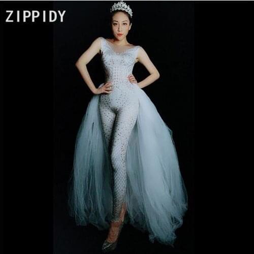 Fashion Silver Rhinestones Spandex Jumpsuit White Mesh Tail Birthday Celebrate Bodysuit Outfit Women Singer Dance Outfit