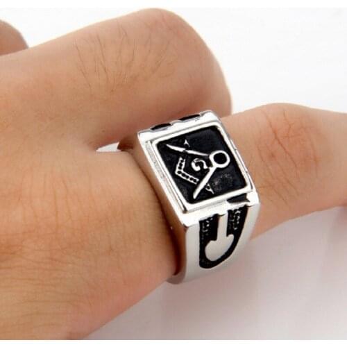 Mens Silver color Ring Square Free Mason Freemasonry Masonic Ring 316L Stainless Steel Ring Jewelry