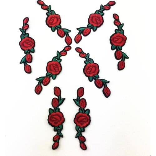 Pair Red Flower Patches Iron On Or Sew Fabric Sticker For Clothes Badge Embroidered Appliques DIY