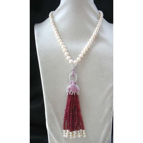 Freshwater pearl white near round and red jade necklace 18inch FPPJ wholesale beads nature