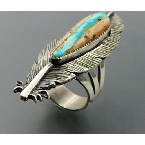Retro Ancient Metal Feather Rings Long Turquoises Inlay Silver Color Ethnic Carving Punk Coconut Palm Leaf Jewelry for Men Women