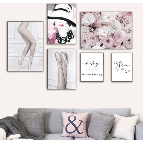Pink Flower Ballet Dancing Girl Wall Art Canvas Print Nordic Poster Quotes Painting Decorative Picture Modern Living Room Decor