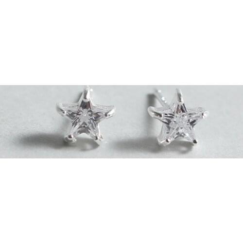 Silver Plated Art Five Pointed Star Stud Earrings Korean Womens Fashion Zircon Stud Earrings for Baby Girls Mini Simple Jewelry