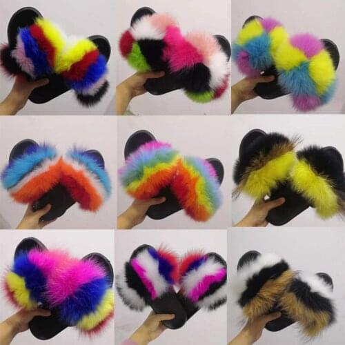 2021 Fur Slides Women Big Furry Real Reccoon Fox Fur Sandals Designer Fluffy Fur Slippers Slides Vendor Ladies Plush Flip-flops