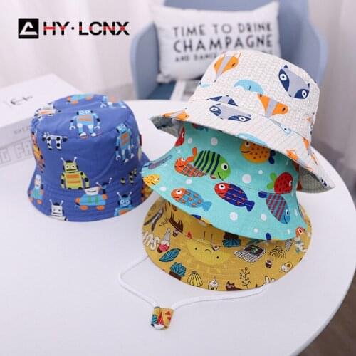 New Summer Child Cartoon Printing Fashion Fisherman Hat Baby Breathable Adjustable Cotton Outdoor Boy Girl Sun Hat