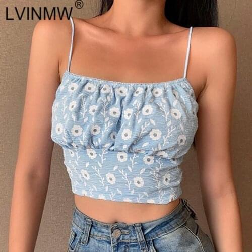 LVINMW Sexy Backless Sleeveless Spaghetti Straps Flower Print Crop Top 2020 Summer Women Slim Fashion Harajuku Camis Tops Street