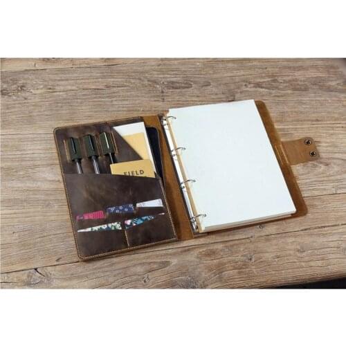 Vintage A4 leather portfolio case binder 4 ring , personalized A4 organiser folder with pockets , A4 leather business padfolio