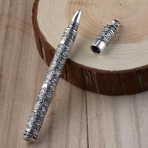 S925 silver vintage Thai silver pen,study calligraphy gift, writing,auspicious silver Buddha Six Words Mantra Jewelry Gifts