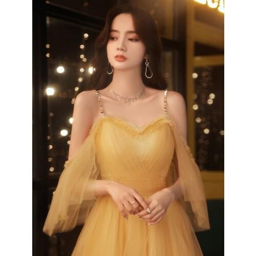 Yellow midcalf sweat lady girl women princess bridesmaid banquet party ball prom dress gown free shipping