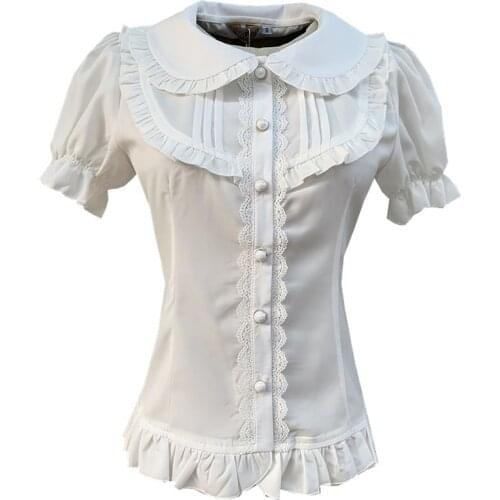 Summer White Chiffon Ruffles Peter Pan Collar Short Sleeve Vintage Victorian Blouse Women Steampunk Clothes Gothic Lolita Top
