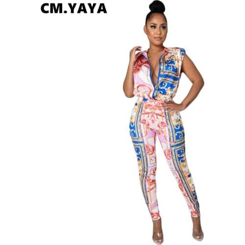 CM.YAYA Women Set Print Sleeveless Turn-down Single Breasted Shirts Tops Pencil Pants Two 2 Piece Sets Tracksuit Summer Outfits