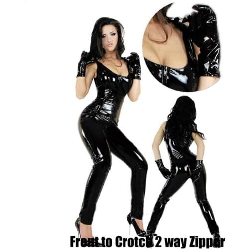 Women Sexy Black Patent Leather Zipper Tight Jumpsuit Adult Sleeveless PVC Leather Low Chest Sexy Nightclub DS Show Costume