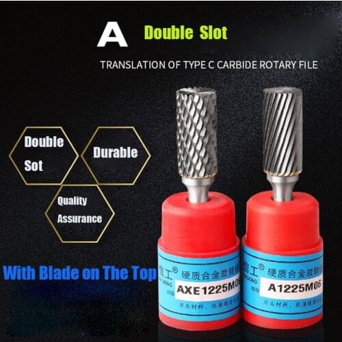 1Pcs A-type Carbide Tungsten Steel Grinding Head Double Slot with Blade on The Top Alloy Cylindrical Milling Cutter Rotary File
