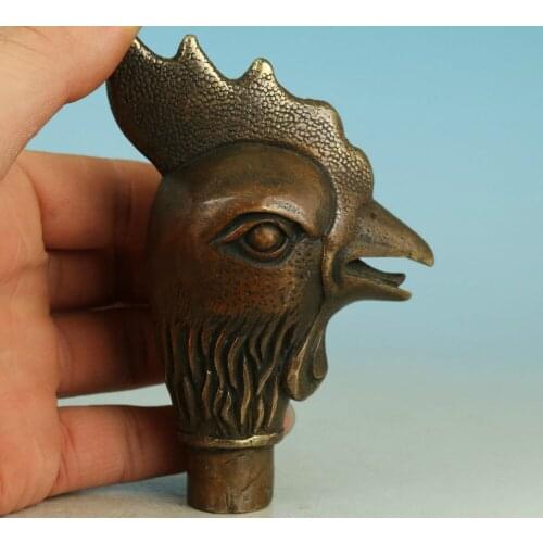 100% BRASS Pure Copper Brass Grandpa Good Lucky Collectible Old Chinese Handmade Carved Cock Collect Statue Walking Stick Head
