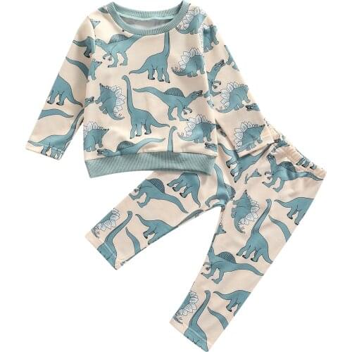 2021 1-6Y Autumn Kids Baby Boy Girl Clothes Set Cartoon Print Dinosaur Print Long Sleeve Sweatshirt+Long Pants Spring Fall 2pcs