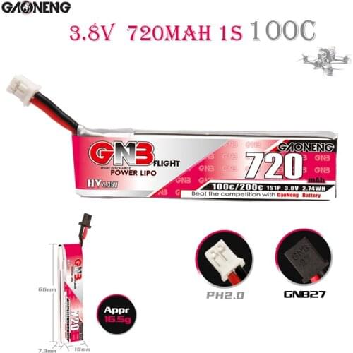 5/10PCS GAONENG 3.8V 720mAh 100C 1S Lipo Battery for Quadcopter FPV Drone Tinywhoop Frame RC Drone Max 200C HV PH2.0/GNB27 Plug