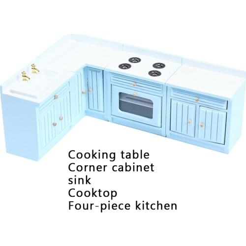 Wooden 1:12 Scale Dollhouse Miniature Blue Kitchen Furniture BJD Tiny Scene Model Pretend Play Decoration Ornament Accessories
