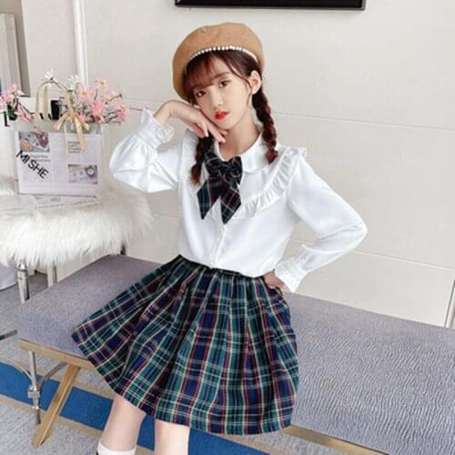 Kids 2pcs/set 2021 Spring Teenage Girls Cloth Jk Sailor Suit White Uniform Bow Blouse Shirt + Check Shorts Skirt 7 8 9 10 11 12y