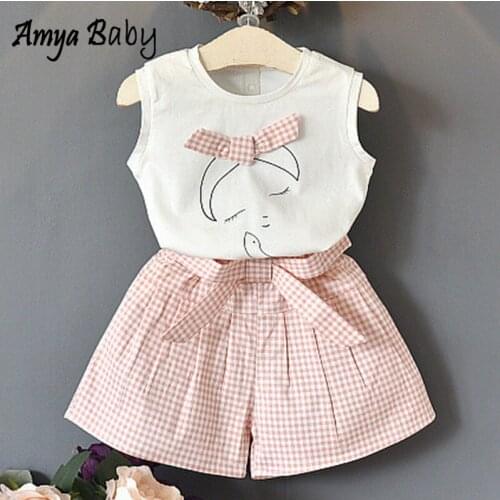 Amya Baby Girls Summer Set Cartoon Vest Plaid Pants 2pcs Kids Sets Girls Outfits Fashion Toddler Clothes Children Clothing Set