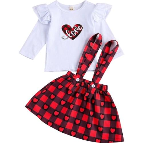 Infant Kids Baby Girl Clothes Sets Long Sleeve Heart T-shirt Suspender Skirt 2PCS Outfits Valentines Days