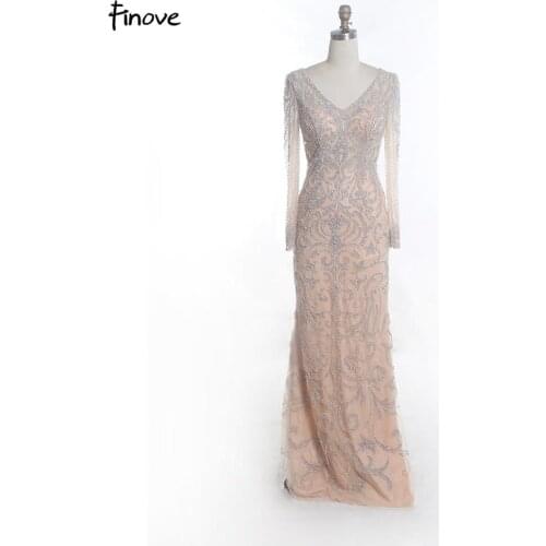 Finove Champagne Luxury Beading Evening Dresses Elegant Long Sleeves V-Neck A-line Formal Dress Party Gown
