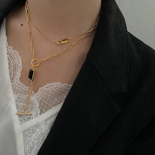 Ins niche design black zircon gemstone OT buckle gold-plated clavicle chain summer European and American metal necklace