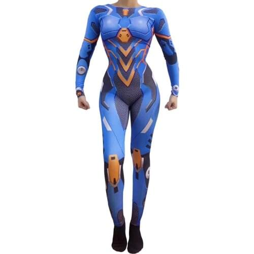 Blue Anime Robot Spandex Skinny Jumpsuit Women Role-playing Show Stage Wear Prom Dance Cosplay Printed Leggings Outfit