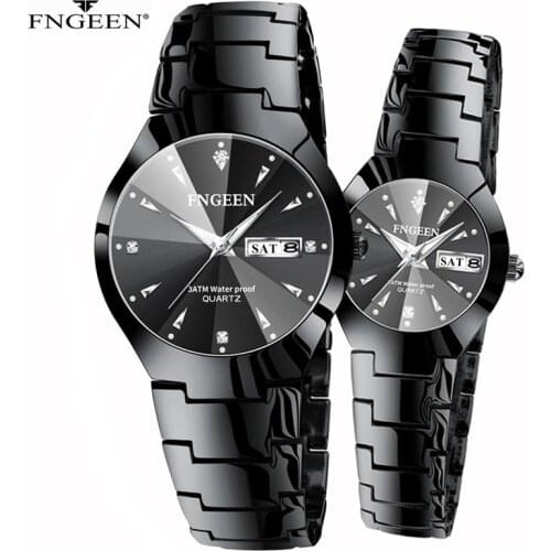 2020 Fashion Black Steel Quartz Wristwatch Man and Woman Couple Watch Luxury Watchband Luminous Dual Calendar Watch for Lovers