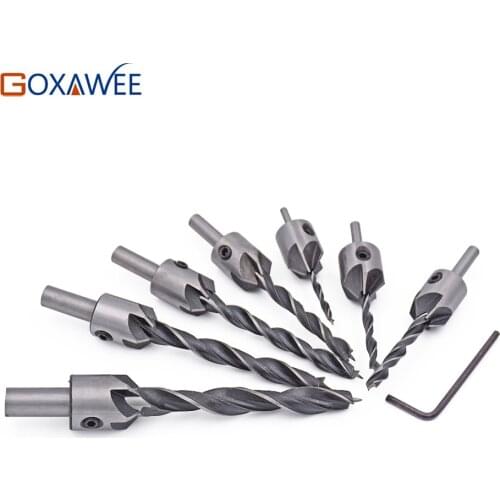 GOXAWEE 7pcs 5 Flute Countersink Drills Bit HSS Drills Bit Reamer Set For Woodworking Chamfer 3-10mm Dia Woodworking Tools