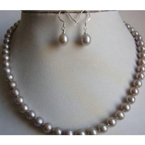 Natural genuine 7-8mm gray pearl necklace 18inch earrings set
