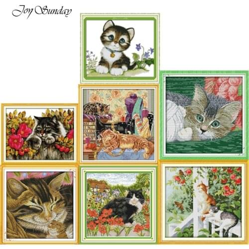 New Joy Sunday Chinese Cross Stitch Cat DMC Embroidery Floss 11ct 14ct Water Soluble Canvas Printed Cat Patterns Needlework Sets
