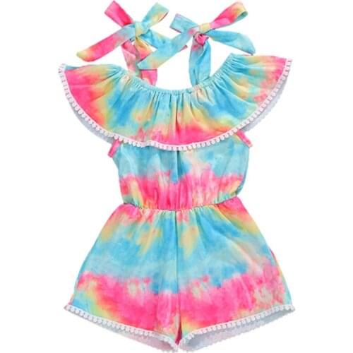 1-6Y Summer Baby Girls Kids Rompers Tie-Dye Print Ruffles Off Shoulder Sleeveless Strap Lovely Jumpsuits Overall Outfits Clothes