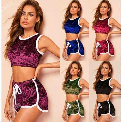 Summer Sexy Velvet Sleepwear Women Sleeveless O-Neck Crop Tops Sexy Shorts Solid Nightwear Pajama Set