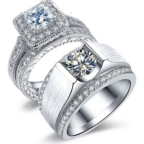 Vintage Jewelry His and Her Couple Rings 10kt White Gold Filled 5A Cubic Zirconia Princess Scrub Wedding Bridal Band Ring Set