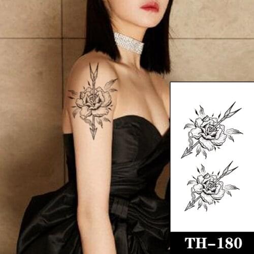 Waterproof Temporary Tattoo Sticker Black Rose Flowers Leaves Arrow Rope Fake Tattoos Flash Tatoo Arm Body Art for Women Men