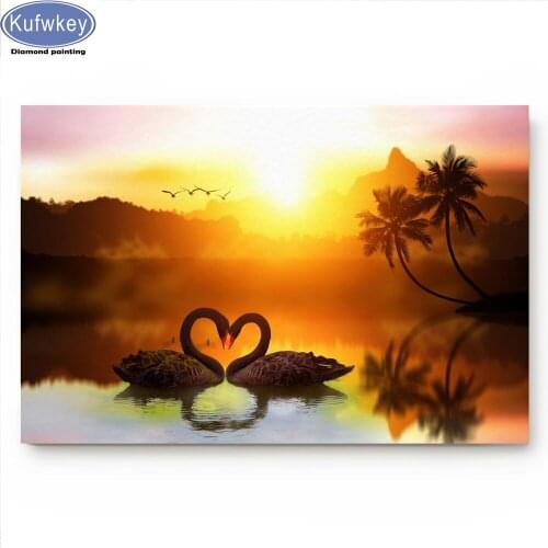 Embroidery Sunset Swan Heart Love Paintings Full Square round Diamond 5D DIY Diamond Painting Cross Stitch kit diamond Mosaic