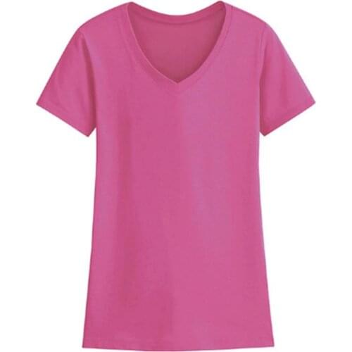 2021 Summer Womens V-Neck T Shirt Short Sleeve Top Stretch Solid Fitted Cotton Basic Tee for Ladies