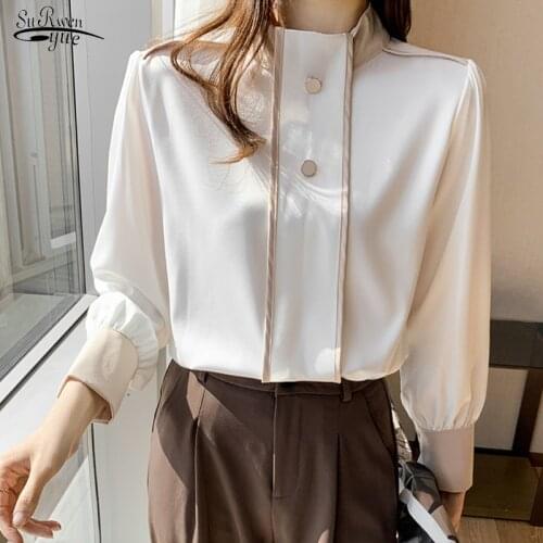 2021 New Fashion Chiffon Blouse Women Spliced Stand Collar Long Sleeve Women Shirts Office Lady Women Clothing Blusas 15067