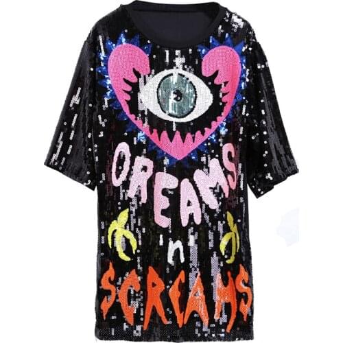 PERHAPS U Women Green Black Blue O Neck Short Sleeve Sequined Eye Letter Loose Tee Tops Women Shirt Summer New B0695